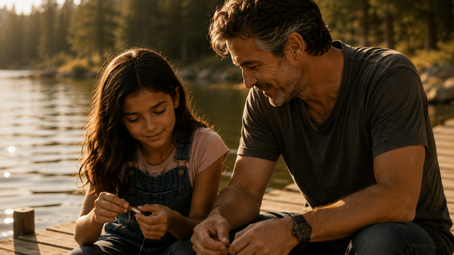A grandfather guiding his granddaughter's hands as he teaches her something by the water.