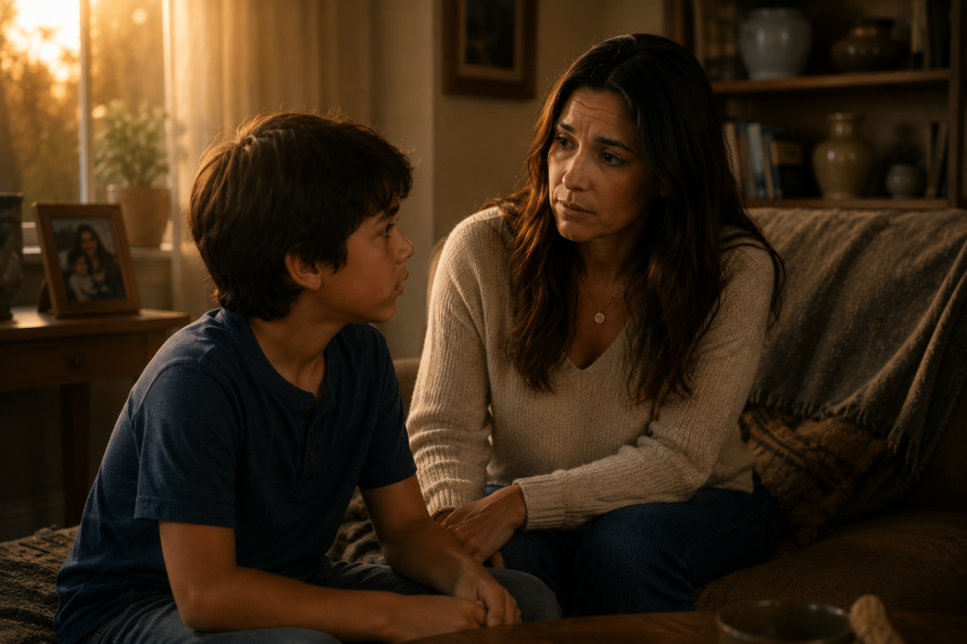 A mother and her son sitting together on a couch, sharing a quiet family memory.
